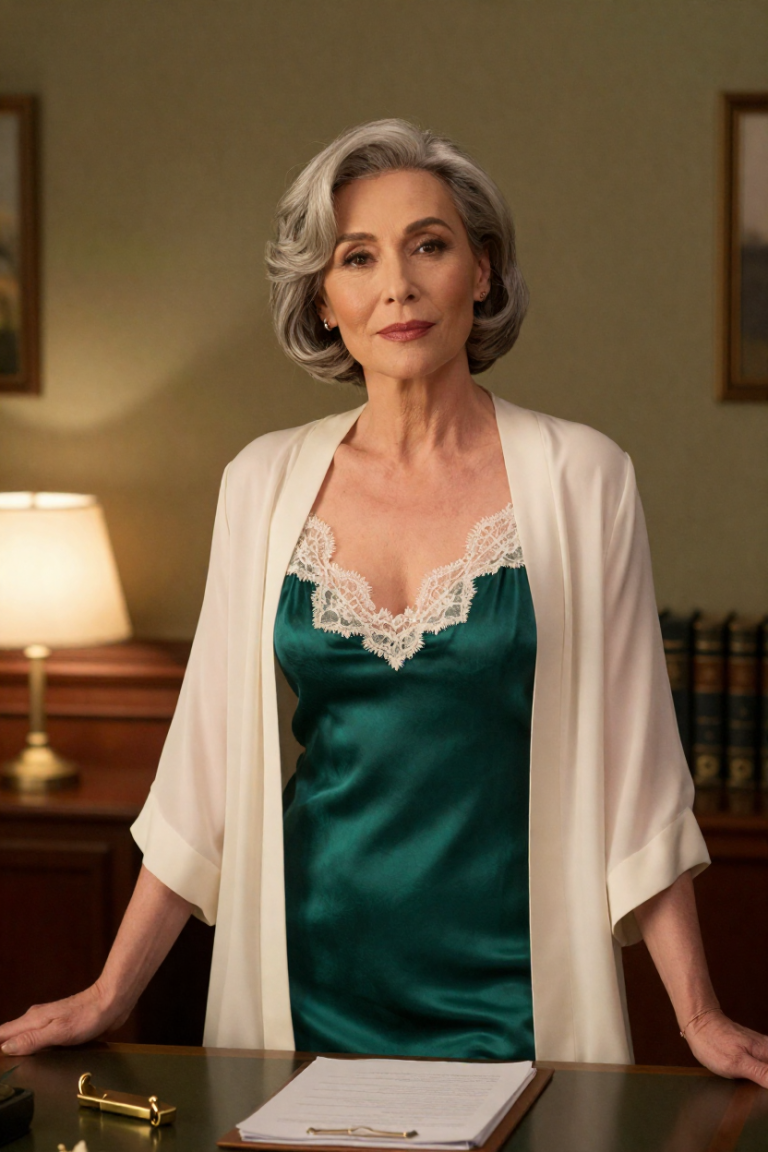 FuliNBM muse in emerald silk slip and cream robe at the office desk